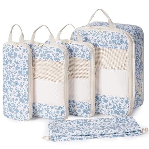 Narwey 6 Set Compression Packing Cubes for Travel Women Men, Travel Cubes for Carry On Suitcase, Durable Compression Luggage Organizer Bags - color: ZZZ-Little Blue Flower