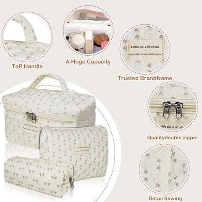Gosect Quilted Makeup Bag, Large Floral Cosmetic Bag for Women, Cute Cotton Makeup Bag, Flower Travel Toiletry Organizer Bag (Flower) - color: Flowers