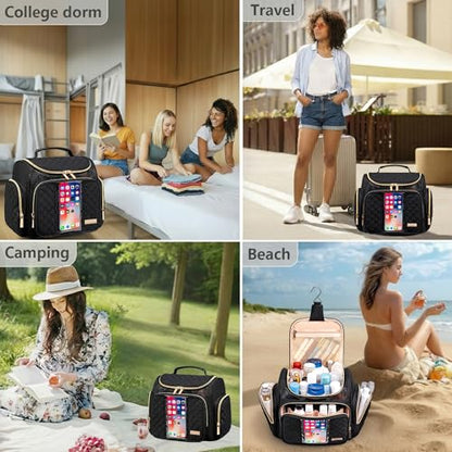 Large Toiletry Bag for Women Men,Bathroom Bag,Water Resistant Shower Bag,Makeup Bag,Toiletry Bags for Traveling,Hanging Toiletry Bag with Transparent Waterproof Phone Pocket (Black) - color: Black