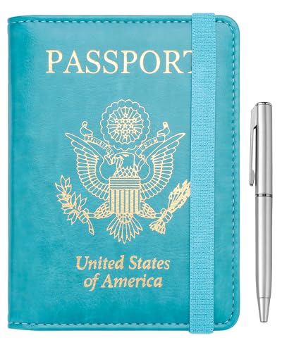 WALNEW Passport Holder for Travel, RFID Passport Cover Wallet for Women Men, PU Leather Passport Book Card Holder Case with Pen, Travelling Essentials for Flying - color: B-Blue, style: Elastic Band Closure