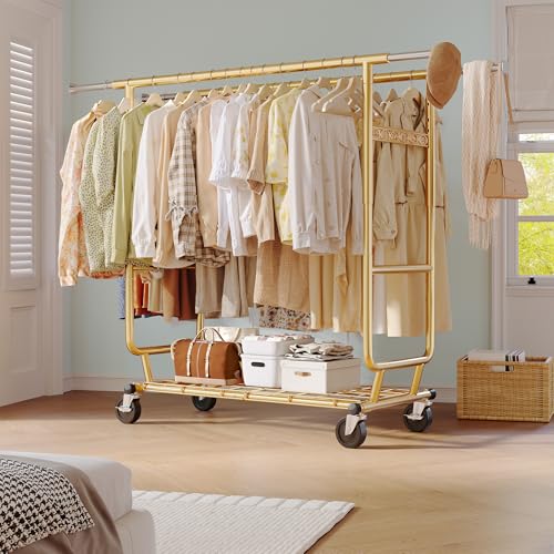 Raybee Clothes Rack Load 650LBS Heavy Duty Clothing Rack, Collapsible Clothes Racks for Hanging Clothes with Adjustable Height & Double Rods, Commercial Garment Rack with Wheels, Easy Assembly, Gold - color: Gold