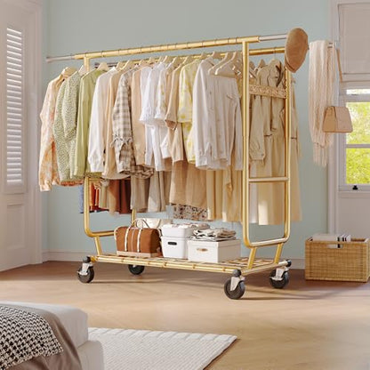 Raybee Clothes Rack Load 650LBS Heavy Duty Clothing Rack, Collapsible Clothes Racks for Hanging Clothes with Adjustable Height & Double Rods, Commercial Garment Rack with Wheels, Easy Assembly, Gold - color: Gold