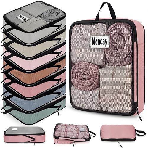 7 Pcs Packing Cubes for Travel Days of Week Compression Packing Cube with Labels Organizers Luggage Storage Bag(Vibrant Color,Large) - color: Vibrant Color