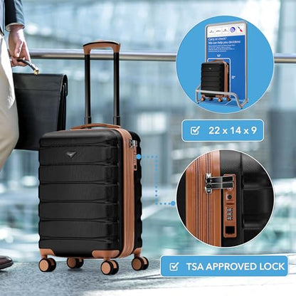 Flight Knight 22x14x9 Expandable Carry On Suitcase Hardside TSA Lock USB C Port Lightweight Luggage Silent Double Spinner Wheels Maximum Overhead Carry-On Bag American United Approved Black/Tan - color: Black/Tan, size: 22x14x9"