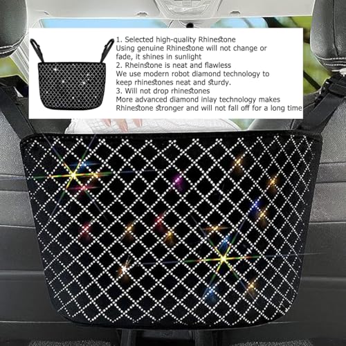 zipelo Bling Car Net Pocket Handbag Holder, Rhinestone Vehicle Backseat Purse Organizer Between Seats, Diamond Hanging Storage Bag Barrier of Pet Kids, Universal Automotive Accessories (White) - color: White