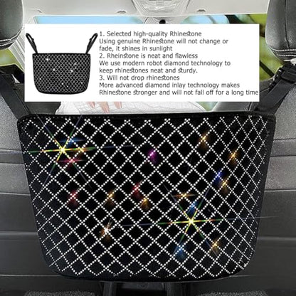 zipelo Bling Car Net Pocket Handbag Holder, Rhinestone Vehicle Backseat Purse Organizer Between Seats, Diamond Hanging Storage Bag Barrier of Pet Kids, Universal Automotive Accessories (White) - color: White