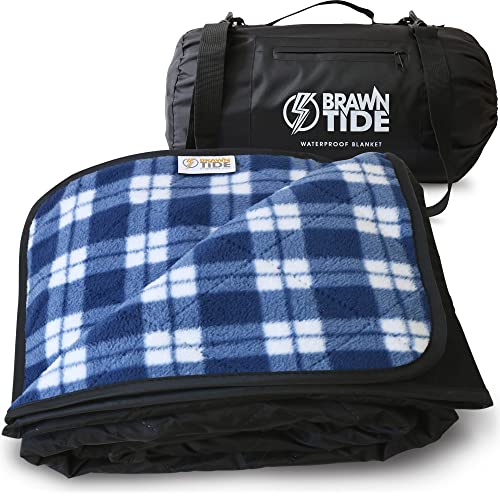 BRAWNTIDE Large Waterproof Outdoor Blanket, Extra Thick Fleece, Warm, Windproof & Sandproof, Quilted Stadium Blanket for Sports Events, Beach, Camping, Picnics, Dogs & Car, 82" x 55 - color: Plaid Blue