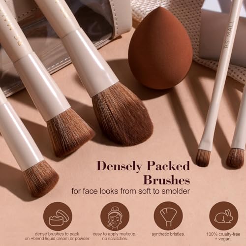 BS-MALL 14 Pcs Makeup Brushes Set with 1 Pcs Makeup Sponge – Essential Foundation Powder Concealers, Eye Shadows, Blush Makeup Brushes with Travel Makeup Case (Beige) - color: Beige