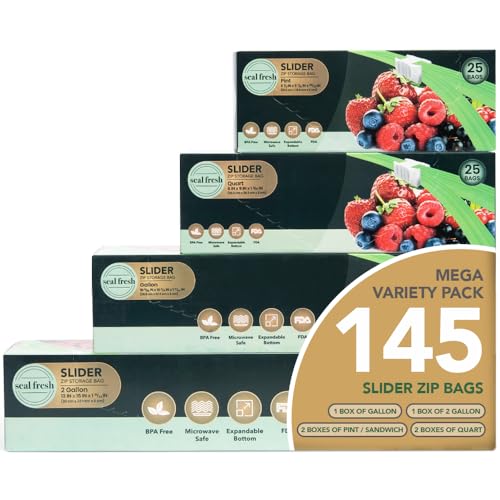 Seal Fresh Slider Storage Bags Variety Pack 145 Count — Pint, Quart, Gallon, 2 Gallon Sizes — Expandable Bottom, BPA Free, Microwave Safe, Freezer Safe - color: Value Pack, size: Multi-Size