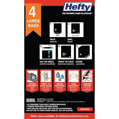 Hefty MAX Shrink-Pak Vacuum Seal Storage Bags for Clothing, Travel, Bedding | Tear & Water Resistant, Dual-Valve Space Saver Compression Bags - Large, 4-Pack