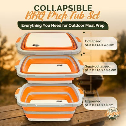 XL BBQ Prep Tub with Lid, 16L Collapsible Marinating Container & Cutting Board - Foldable Food Basin for Meat Prep Tub - Grill Station for Outdoor Cooking, Camping - BBQ Food Storage Tray