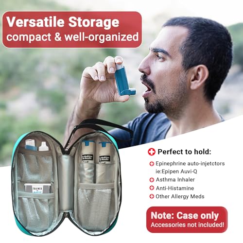 EpiPen Carrying Case Insulated, Travel Medical Bag with YKK Zipper, Emergency Medication Organizer Pouch for 2 Epi Pens or Auvi-Q, Anti-Histamine, Asthma Inhaler, Allergy Medicines, Light Blue - color: Light Blue