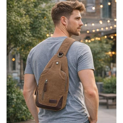 Canvas Sling Bag for Men Crossbody Chest Bag Casual Daypack Rucksack Small Crossbody Backpack with Adjustable Strap - color: Khaki
