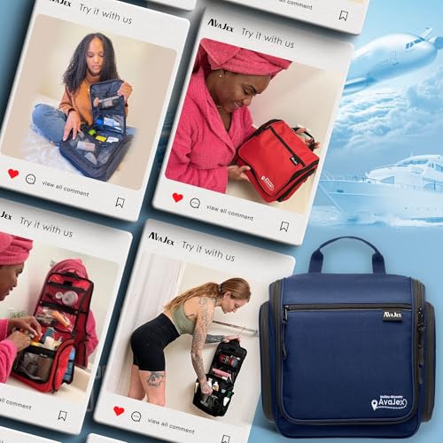 Travel Toiletry Bag for Men and Women - (10.6”x10.6”x3.2”) Large Hanging Toiletry Organizer - Waterproof Hygiene Bag with Metal XXL Swivel Hook, with Sturdy Zippers and 19 Compartments for Toiletries - color: L Navy Blue