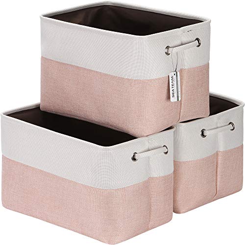 Sea Team 3-Pack Large Storage Basket Set, Trunk Organizer, Clothes Toys Bin, 15 x 10 x 10 Inches, Big Rectangular Canvas Fabric Collapsible Shelf Box with Handles for Kids Room (Pale Blush/White) - color: Pale Blush/White, size: Medium/15 x 10 x 10"