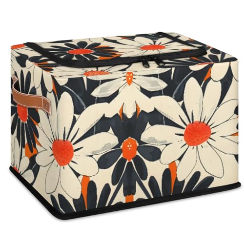Orange Flowers Storage Bins With Zipper Lid, Collapsible Trunk Organizer, Car Organizers and Storage Bins with Lids, Decorative Storage Boxes with Handle, Home Storage Baskets for Organizing - color: Orange Flowers