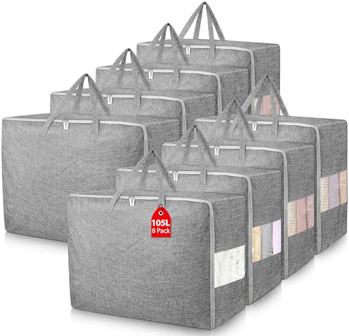 105L Extra Large Storage Bags, Folding Moving Comforter Blanket Storage Bags Closet Organizers and Storage Containers for Clothes with Strong Handles&Zippers Clear Window for Bedding Pillow Grey 8Pack - color: Grey, size: 8 x 105L