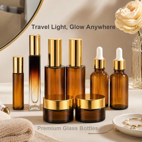 18Pack Avoid Light Glass Travel Bottles for Toiletries, TSA Approved Travel Skincare Containers with Label, BPA Free Leak Proof,Golden-Brown - color: Golden-brown glass