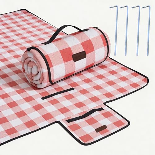 HX&OD Outdoor Picnic Blanket, Extra Large, 80''x80'' Waterproof Foldable Blankets Gingham Picnic Mat for Beach, Camping Grass Lawn Park Accessories Cute Couple Ideas Wedding (Red, 80”x80”) - color: Red, size: 6'8" x 6'8" (Square)