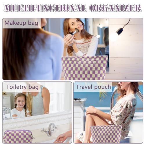 ZLFSRQ 3Pcs Checkered Makeup Bag for Women Large Small Checkered Cosmetic Bag Set Aesthetic Preppy Pencil Case Cute Pencil Pouch Purple Makeup Pouch for Purse Travel Toiletry Bags Zipper Skincare Bags - color: B-Checkered 3Pcs Mix Purple