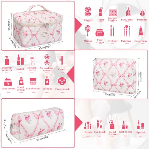 Gosect 3PC Makeup Bag Set, Quilted Makeup Bag, Large Floral Cosmetic Bag for Women, Cute Cotton Makeup Bags, Flower Travel Toiletry Organizer Bag (Pink Flower) - color: Pink Flower