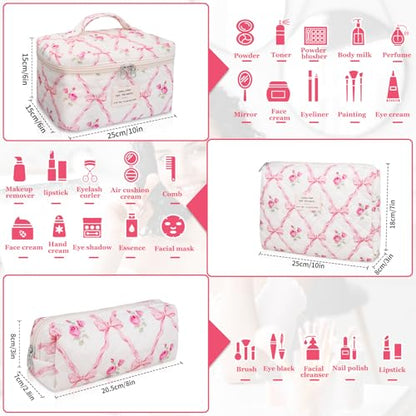 Gosect 3PC Makeup Bag Set, Quilted Makeup Bag, Large Floral Cosmetic Bag for Women, Cute Cotton Makeup Bags, Flower Travel Toiletry Organizer Bag (Pink Flower) - color: Pink Flower