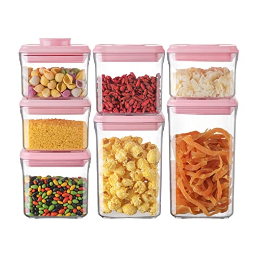 Ankou Airtight Food Storage Container - 7 Pcs One Button Handy Container Stackable Food Containers for Snacks Candy Salt Herbs Spices Coffee Bean Formula Popcorn BPA-Free Tight Seal - color: 7 Pcs Set Pink