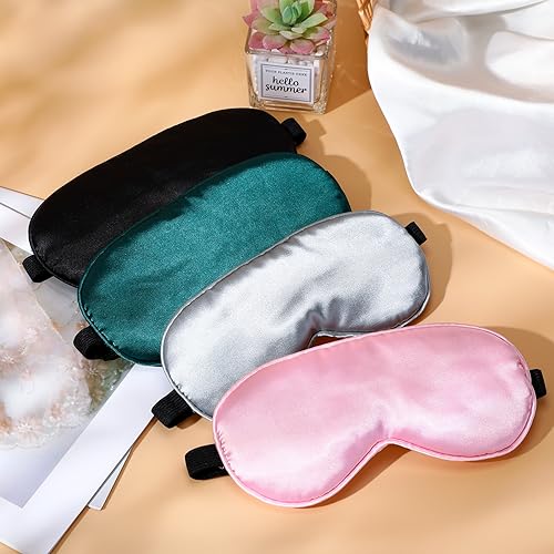 BBTO 4 Pcs Silk Sleep Eye Masks Smooth Soft Satin Eye Covers with Adjustable Strap Blindfold for Sleeping Blocking Out Lights Travel Relaxation (Black, Grey, Dark Green, Pink) - color: Black, Grey, Dark Green, Pink