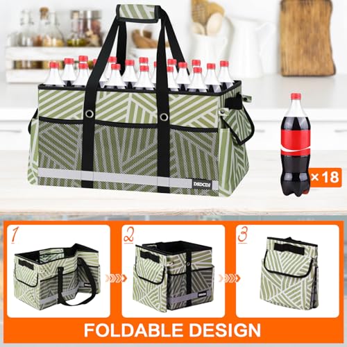 Upgrade Extra Large Utility Tote Bag with Reflective Strip, Standing Reusable Grocery Bags with Hard Bottom, Collapsible Utility Tote with Handles for Shopping, Beach, Picnics, Car, Twill Green - color: Twill Green