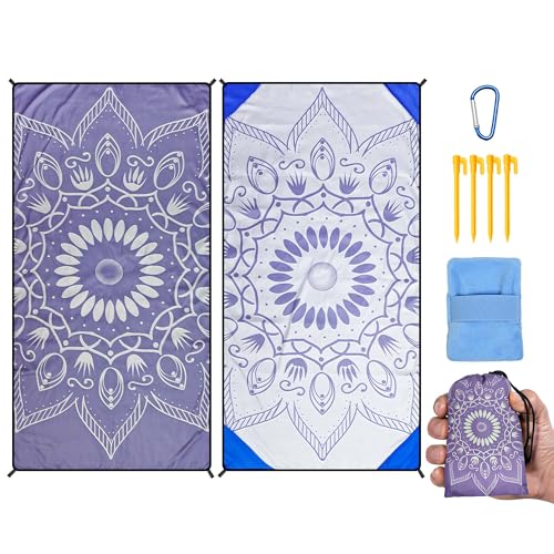 AISPARKY Pocket Beach Blanket Waterproof Sandproof Compact Picnic Mat with Sand Remover, Portable Outdoor Mat for Camping Hiking Travel Festival - color: Mandala Purple, size: 39" X 79"