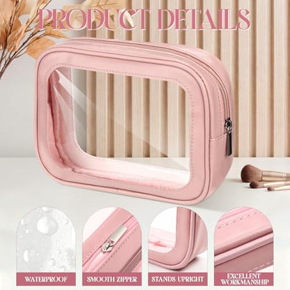Abbylike 4 Pcs Pink Clear Makeup Bag PU Leather Tsa Approved Toiletry Bag with Zipper Transparent Waterproof Portable Cosmetic Bags Travel Car Clear Organizer Bags for Women Girls Mother's Day - color: Pink
