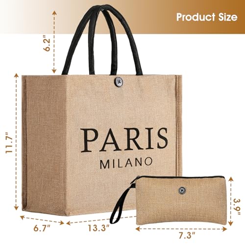 Trifabricy Beach Bag for Women, Woven Straw Beach Tote Bag Waterproof, Weaving Swim Gym Shopping Travel Bags with Button - color: Classic-paris