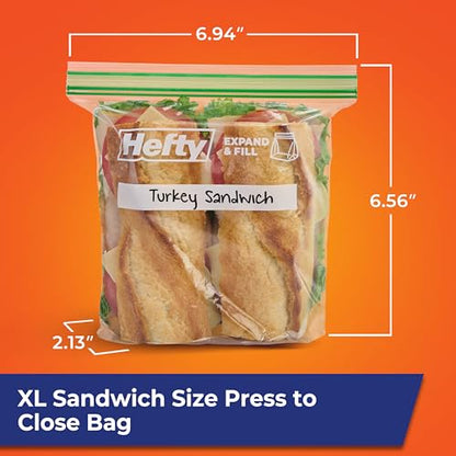 Hefty XL Press to Close Plastic Sandwich Expand and Fill Food Storage Bags, 130 Count - size: Sandwich, style: 130 Count