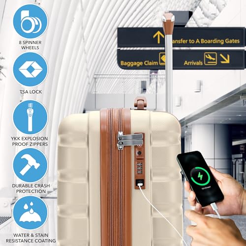 Flight Knight 21.5x15.5x9 Expandable Carry On Suitcase Hardside TSA Lock & USB C Port Lightweight Luggage Silent Double Spinner Wheels Maximum Canada Air Overhead Bag Airlines Approved Cream - color: Cream/Tan, size: 21.5x15.5x9"