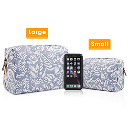 Narwey Cute Makeup Bag Travel Cosmetic Bag Organizer Toiletry Bag Make Up Bags with Compartments for Women Girls (Large, Blue Leaf) - color: Blue Leaf, style: Large