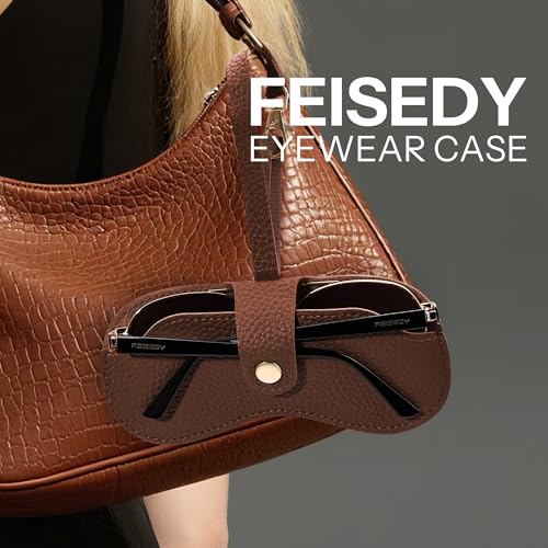 FEISEDY Soft Leather Sunglass Case-Slim Portable Glasses Holder with Button-Closure Wrist Strap for Travel & Outdoor B0308 - color: Auburn