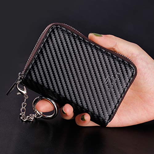 FurArt Zipper Wallet Women, RFID Blocking Credit Card Wallet, Business Card Holder, Compact Size KeyChain Wallet - color: Carbon Fiber Black