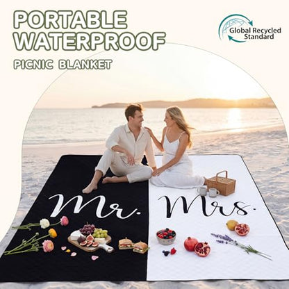 Waterproof Beach Blanket Picnic Outdoor Mat Bridal Shower Gifts Registry Bride Groom Name Newly Wed Must Haves Engagement Party Stuff Marriage Newlywed Couple Mr Mrs Honeymoon Elopement Essential - color: Black and White