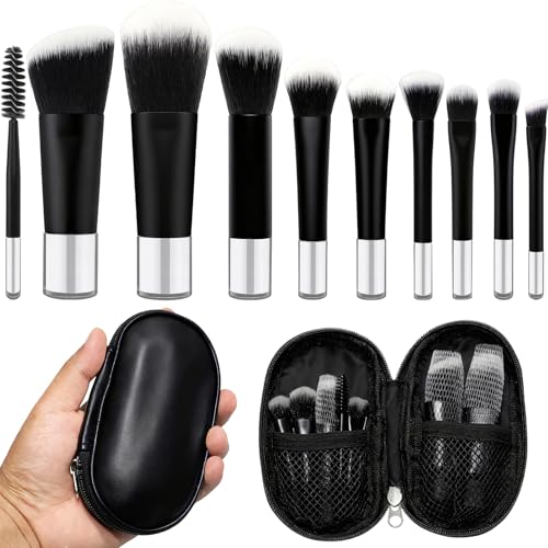 10 Pcs Mini Travel Makeup Brush Set with Pouch, Foundation, Eyeshadow, Blush, Highlighter, Angled Brow & Mascara Brushes - Soft Synthetic Fiber Brushes for On-The-Go & Daily Makeup (Black) - color: Black