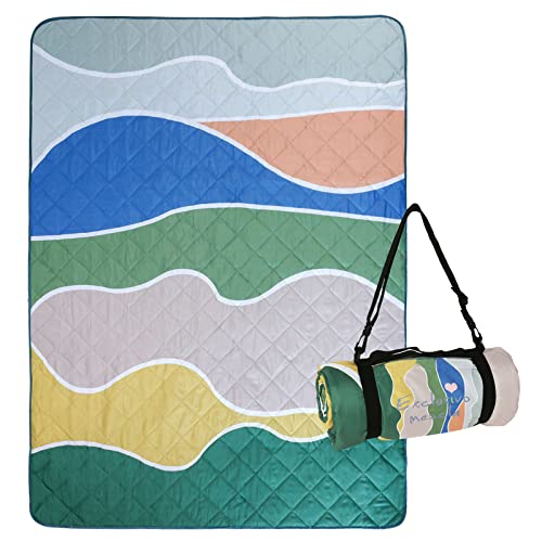 Exclusivo Mezcla Extra Large Waterproof Picnic Blankets 3 Layer, Sandproof and Foldable Outdoor Blanket for Beach Camping, Park and Travel - color: Waved Green