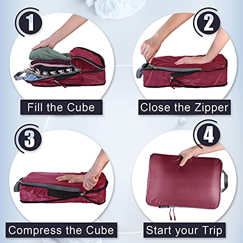 BAGAIL 5 Set Ultralight Compression Packing Cubes Travel Accessories Expandable Packing Organizers(Burgundy) - color: Burgundy