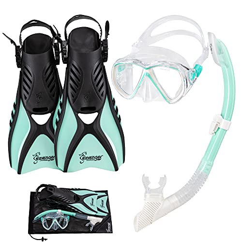 Seavenger Hanalei Anti-Fog 4-Piece Snorkeling Set with Soft-Flex Dry Snorkel, Adjustable Open-Heel Fins, Twin-Lens Mask, and Mesh Bag - color: Mint, size: Small