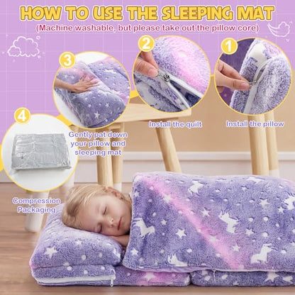 Preschool Nap Mat with Pillow and Blanket, 21" x 50" Glow Sleeping Bag Toddler Nap Mat for Daycare Kids, 2" Thick All in one Foldable Floor Mattress for Girl Boys - style: Unicorn