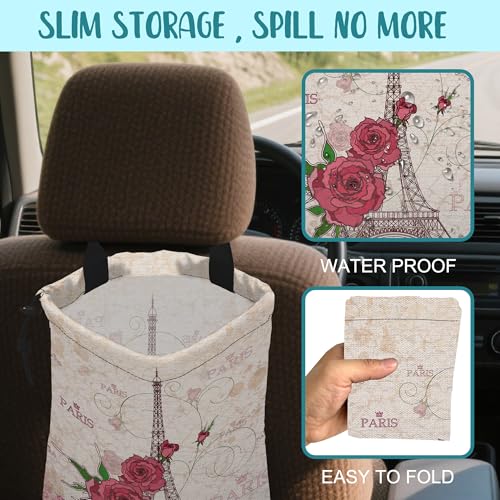 Car Trash Bag Pink Eiffel Tower and Roses Leak-Proof Waterproof Car Garbage Bag with Drawstring Foldable Canvas Trash Bin with Adjustable Buckle for Car Accessories, Travelling, Camping - color: Pink Eiffel Tower and Roses