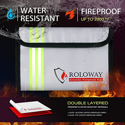 ROLOWAY Small Fireproof Bag (5 x 8 inches) with Reflective Strip, Non-itchy Fireproof Money Bag for Cash, Valuables, Passport, Currency & Keys (2-Pack Silver) - size: 8 x 5 inch, style: Silver With Reflective Strip