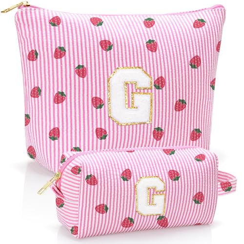 Personalized Initial Makeup Bag,Strawberry Print Preppy Cosmetic Toiletry Travel Bag,Trendy Letter Makeup Pouch for Teen Girls and Women,Holiday & Birthday Gift,2 Pack (G, Pink Strawberry) - style: G