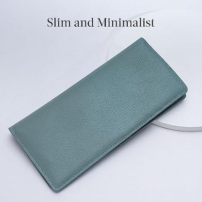 Bveyzi Ultra Slim Thin Leather RFID Blocking Credit Card Holder Bifold Clutch Wallets for Women - color: Blue Grey