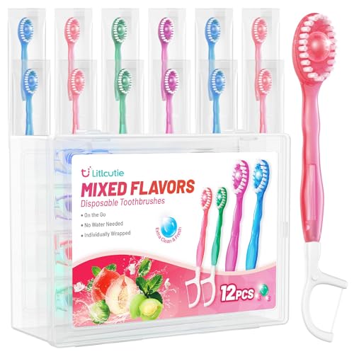 12 Pack 5 in 1 Disposable Mini Toothbrushes with Toothpaste, Floss, Pick & Tongue Scraper, Individually Wrapped, Portable Toothbrush Travel Set for Kids Adults, Mixed Flavor - color: Mixed Flavor, size: 1 Count (Pack of 12)