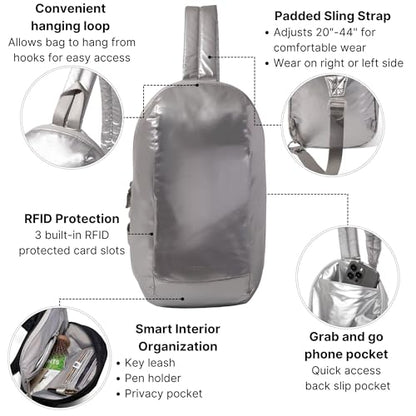 Baggallini Swift Sling - Lightweight 7.25"x 12.5" Crossbody Sling Backpack with Convertible - color: Silver Metallic