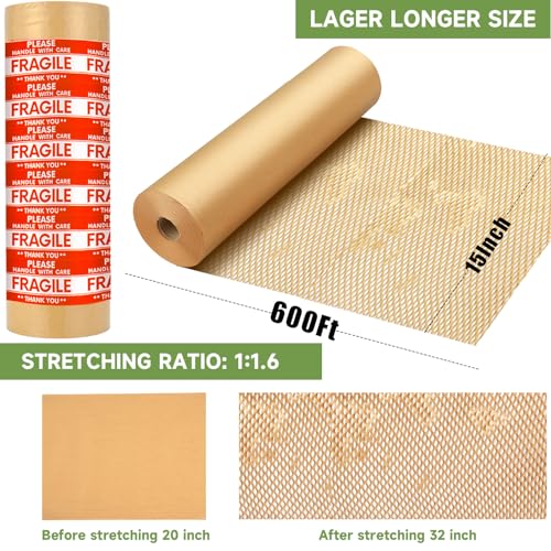 Honeycomb Packing Paper Wrap 15''x600', Substitute Alternative for Bubble Cushioning Wrap for Moving Shipping Packaging, Recyclable Moving Supplies with 48 Fragile Sticker Labels - size: 15''x600'